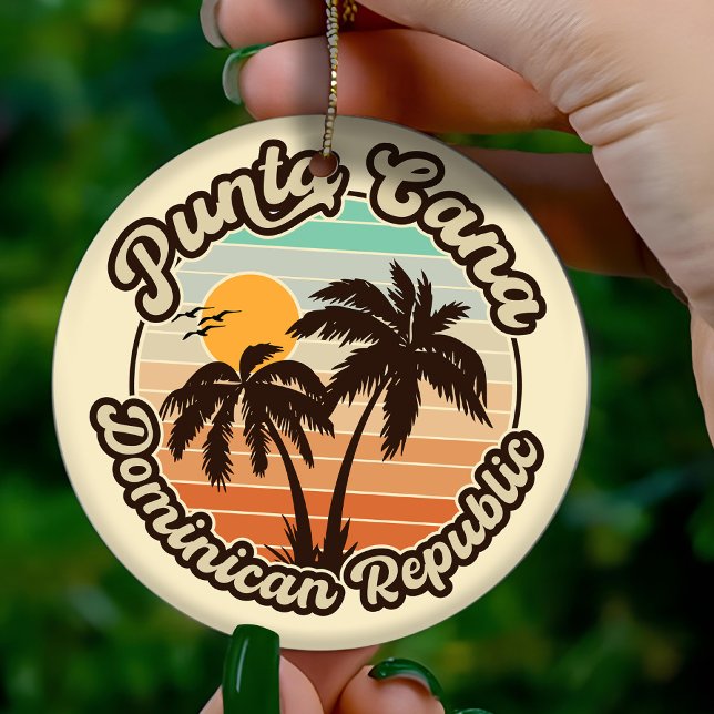 Punta Cana Dominican Handflatan Träd Retro Sunset  Julgransprydnad Keramik (Skapare uppladdad)