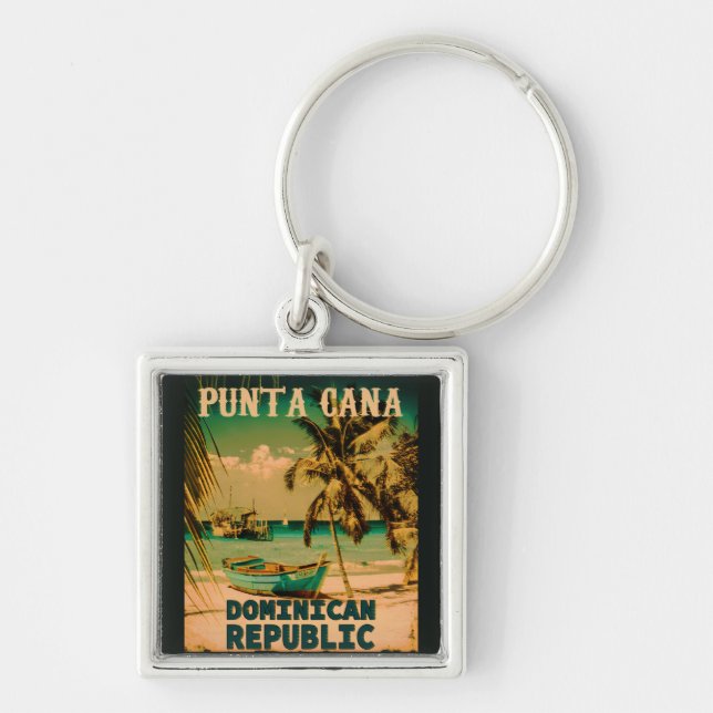 Punta Cana Dominikanska republiken - Retro Souveni Fyrkantig Silverfärgad Nyckelring (Framsidan)