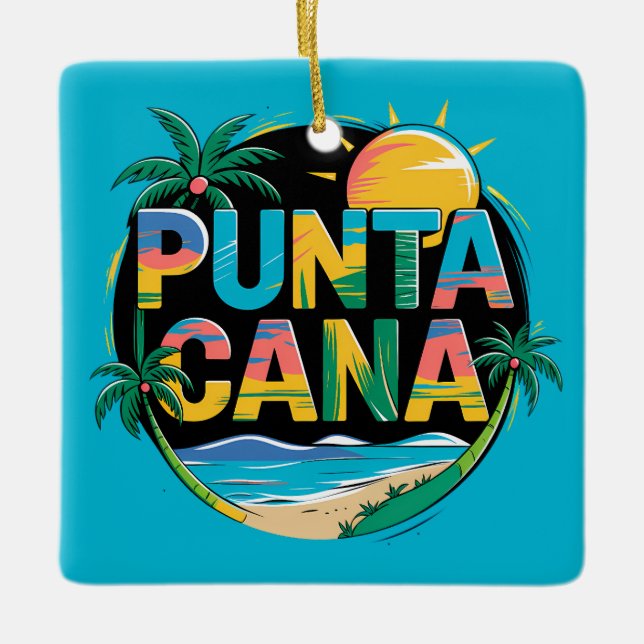 Punta Cana Sunset Colorful Travel Art Emblem Julgransprydnad Keramik (Framsida)