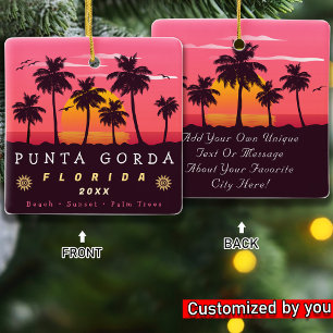 Punta Gorda Florida Retro Sunset Handflatan träd 1 Julgransprydnad Keramik