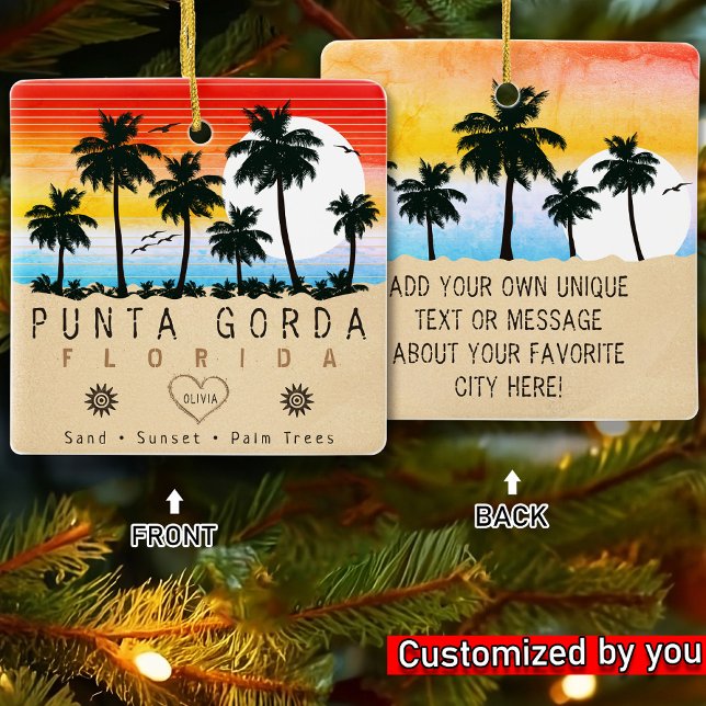 Punta Gorda Florida Retro Sunset Handflatan träd 1 Julgransprydnad Keramik (Skapare uppladdad)