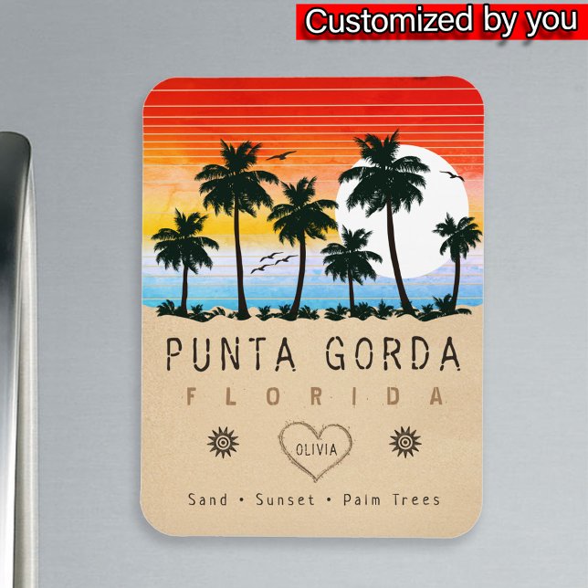 Punta Gorda Florida Retro Sunset Handflatan träd 1 Magnet (Skapare uppladdad)
