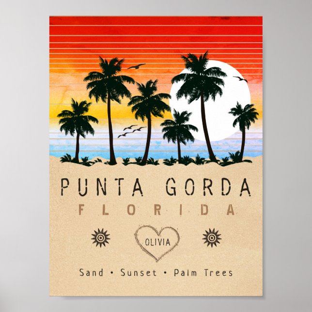 Punta Gorda Florida Retro Sunset Handflatan träd 1 Poster (Framsidan)