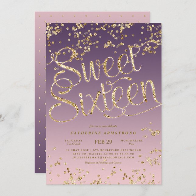 Puple Rosa Guld Glitter Sweet sixteen Inbjudningar (Fram/baksida)