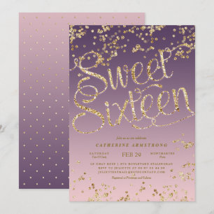 Puple Rosa Guld Glitter Sweet sixteen Inbjudningar