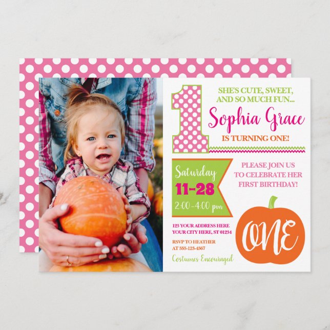 Pupmkin 1:a födelsedagsinbjudan med foto inbjudningar (Fram/baksida)