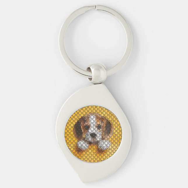 Pupp, Beagle, djur Swirl Silverfärgad Nyckelring (Framsidan)