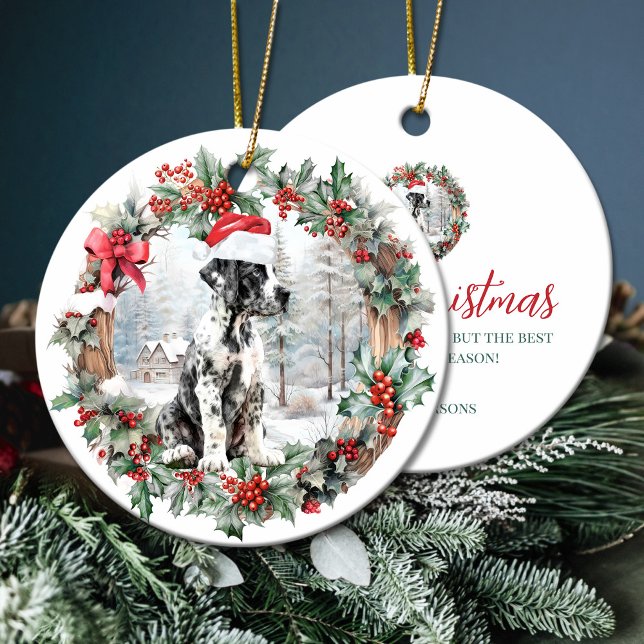 Puppen av jultomten i hund i Cute jul Julgransprydnad Keramik (Cute Christmas great dane dog puppy Santa hat Ceramic Ornament)