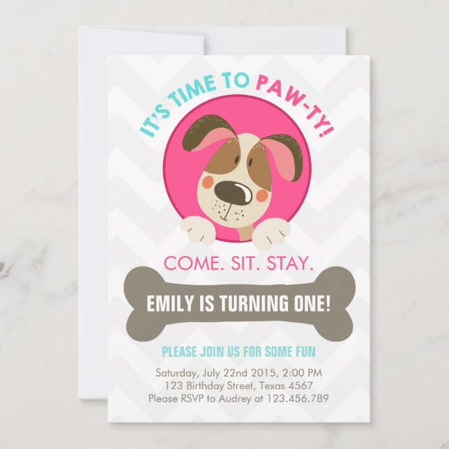 Puppens hund rosa turkoise chevron inbjudningar (Framsida)