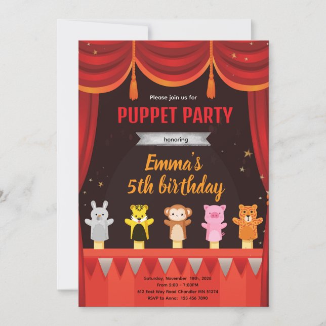 Puppet birthday party invitation inbjudningar (Framsida)