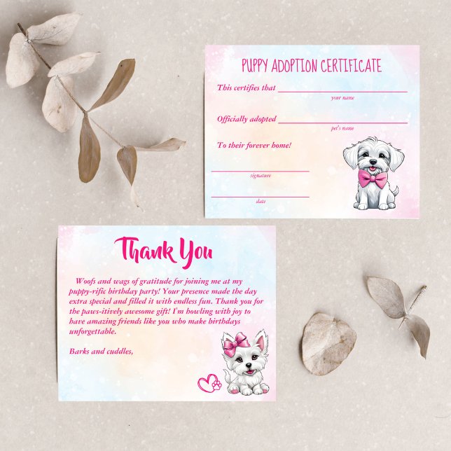 Puppiadoptionsintyg för söta vita valpar av rosa (Puppy adoption certificate cute white pink puppies dog themed birthday party)