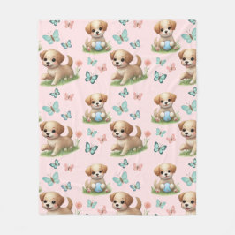Puppies and Butterflies Pattern Blanket Fleecefilt