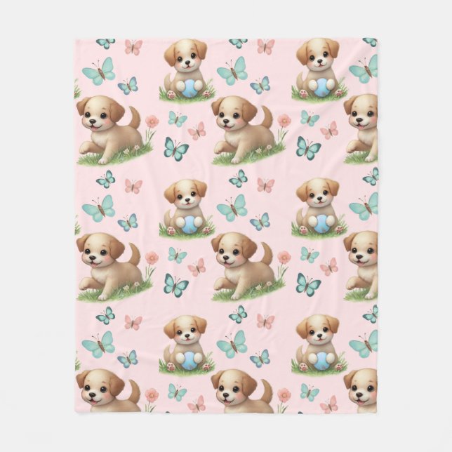 Puppies and Butterflies Pattern Blanket Fleecefilt (Framsidan)