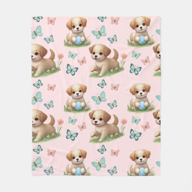 Puppies and Butterflies Pattern Blanket Fleecefilt (Framsidan)