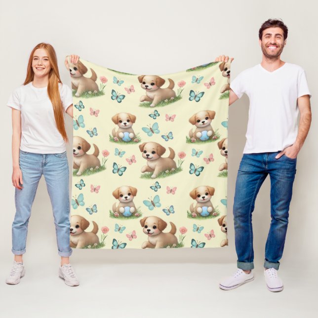 Puppies and Butterflies Watercolor Pastel Fleecefilt (På plats)