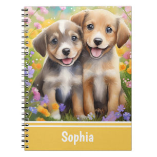 Puppies Cute Hundar i Flower Meadow Anteckningsbok
