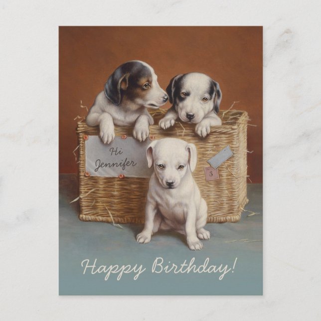 Puppies i basket C0686 Carl Reichert Birthday Vykort (Framsida)