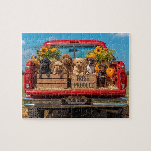 Puppies Red Truck Sunflowers Fall Harvest Pussel (Horisontell)