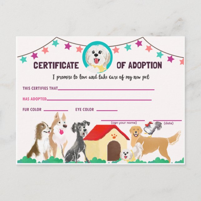 Puppy Adoption Certificate for a Pet Invitation Po Inbjudan Vykort (Framsida)
