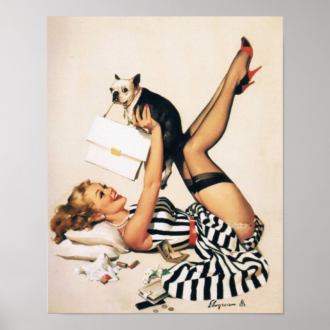 Puppy Älskare Pin-up Girl - Retro Pinup Art Poster (Framsidan)