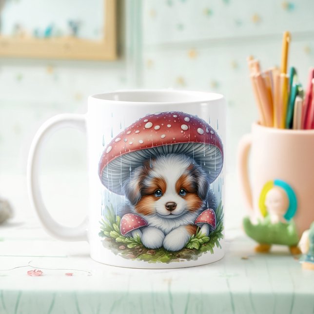 Puppy australian shepherd under Mushroom Umbrella Kaffemugg (Skapare uppladdad)