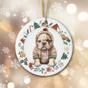 Puppy av bulldocka i Vintersöt jul Julgransprydnad Keramik