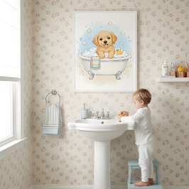 Puppy Bath Time Fun Kids Bathroom Wall Art Poster