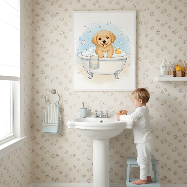 Puppy Bath Time Fun Kids Bathroom Wall Art Poster (Skapare uppladdad)