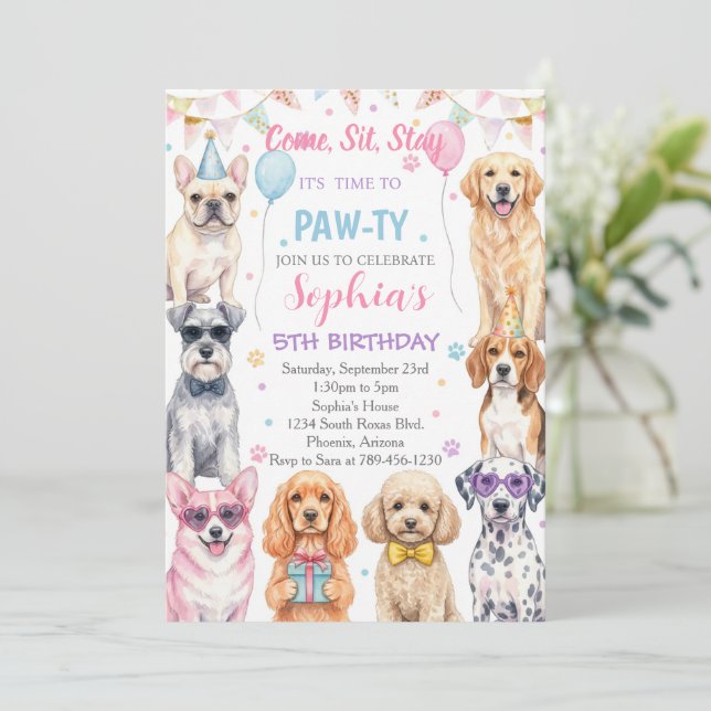Puppy Birthday Invitation Dog Party Pawty Girl Inbjudningar (Stående Fram)