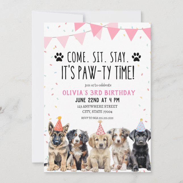 PUPPY BIRTHDAY INVITATION GIRL LÅT OSS PAWTY INBJU INBJUDNINGAR (Framsida)