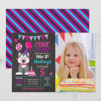 Puppy Birthday Invitation Girl Paw-ty Husky Inbjudningar