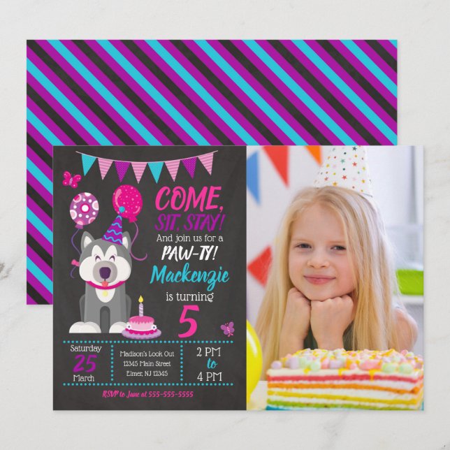 Puppy Birthday Invitation Girl Paw-ty Husky Inbjudningar (Fram/baksida)