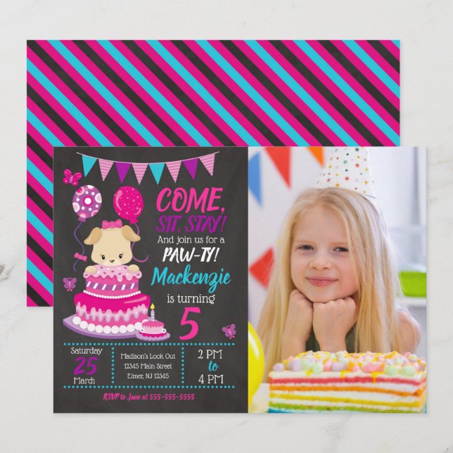 Puppy Birthday Invitation Girl Paw-ty Party Inbjudningar (Fram/baksida)