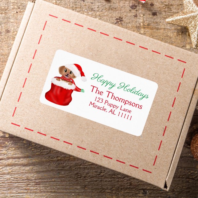 Puppy Bulldog i Santa's Bag Glad helg Adressetikett (Skapare uppladdad)