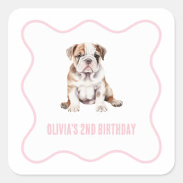 Puppy bulldog preppy pink plaid birthday fyrkantigt klistermärke