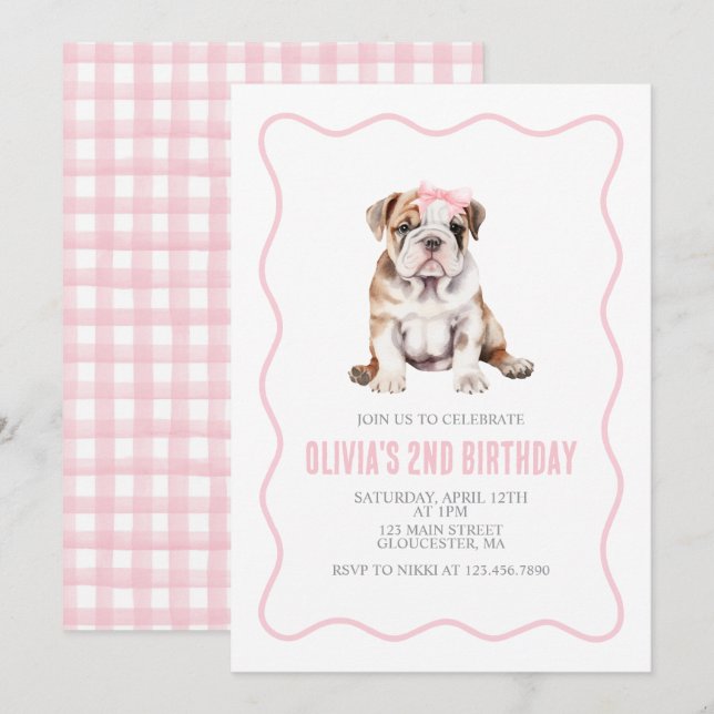 Puppy bulldog preppy plaid birthday invitation inbjudningar (Fram/baksida)