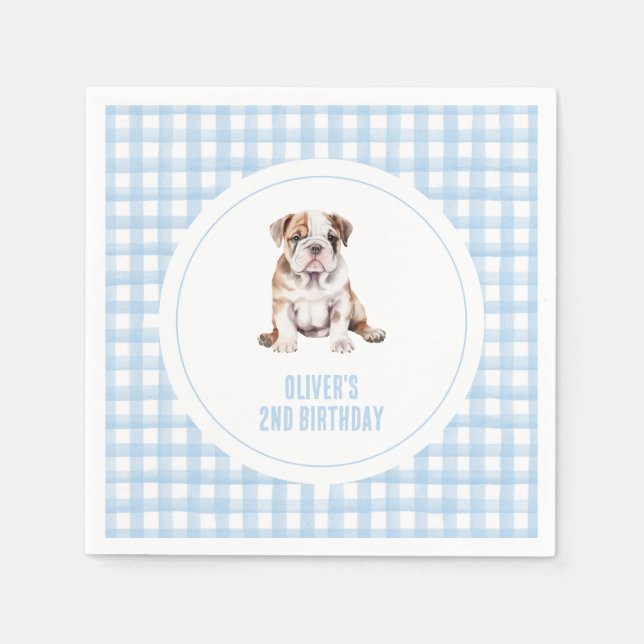 Puppy bulldog preppy plaid birthday pappersservett (Framsidan)