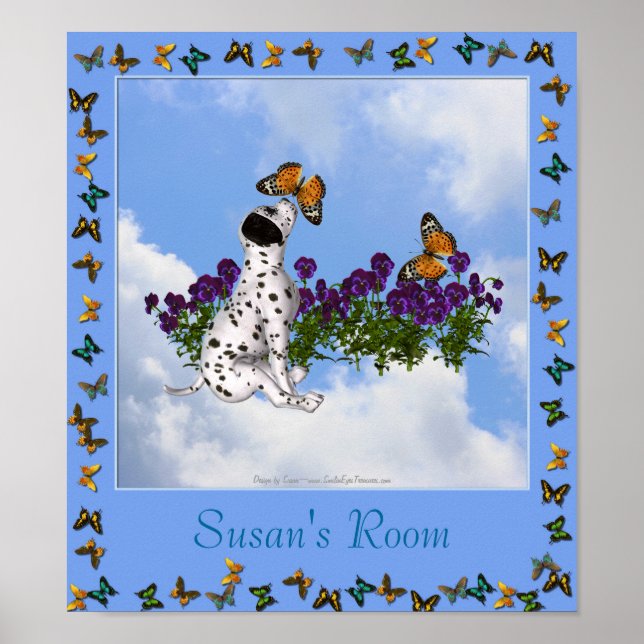 Puppy Butterflies Violets Kids Room Personlig Poster (Framsidan)