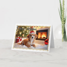 Puppy by Fireplace jul Card Kort