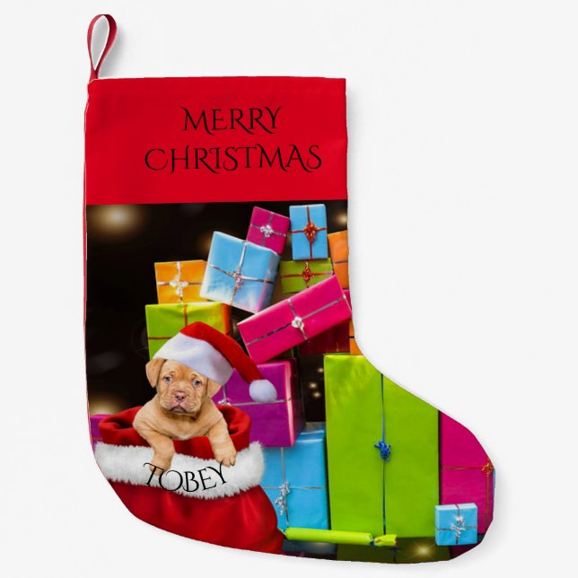 Puppy christmas-lagring med eget namn. liten julstrumpa (Framsidan)