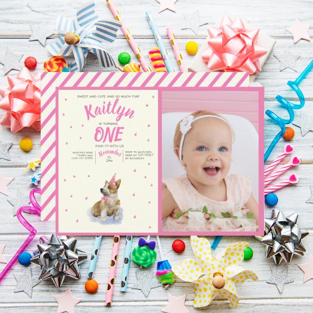 Puppy 🐶 Corgi Hund First Girls Birthday Photo Inbjudningar (Skapare uppladdad)