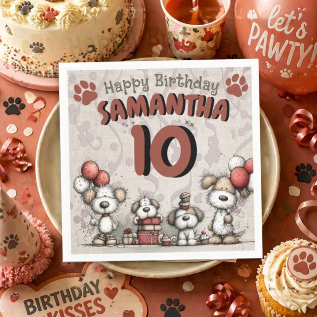 Puppy Dog Rustic Little Girl's 10th Birthday  Pappersservett (Cute puppy dog 10th birthday paper napkins)