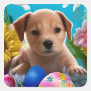 Puppy Flowers och ägg från påsk Fyrkantigt Klistermärke