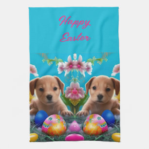 Puppy Flowers och ägg från påsk Kökshandduk