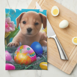 Puppy Flowers och ägg från påsk Kökshandduk