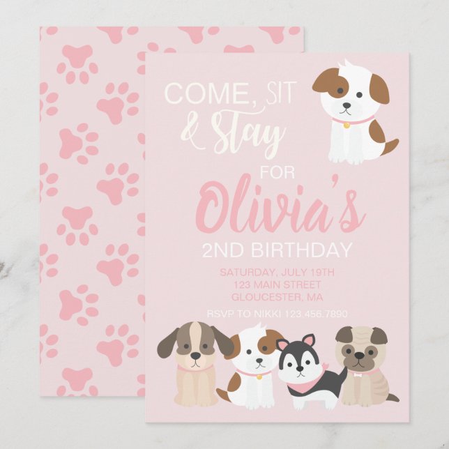 Puppy födelsedagsfest inbjudan Rosa (Fram/baksida)