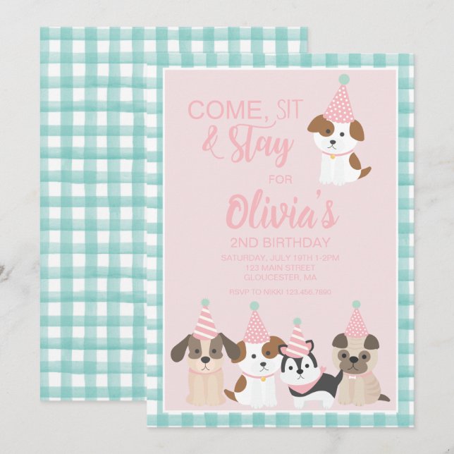 Puppy födelsedagsfest inbjudan Rosa (Fram/baksida)