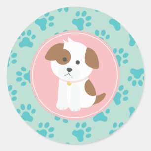 Puppy Födelsedagsfest Sticker mynta och rosa Runt Klistermärke
