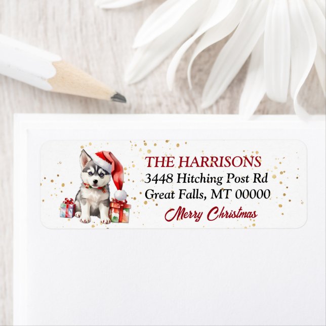 Puppy-gåvor från Santa Hat Siberian husky Returadress Etikett (Insitu)
