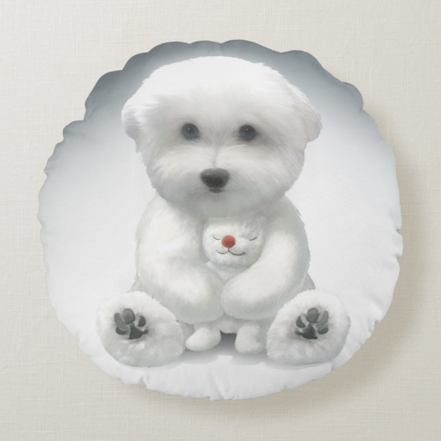 Puppy Hugger Hans Leksak Rund Kudde (Framsidan)